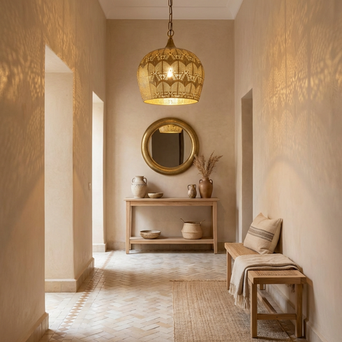 Handmade Moroccan Lamp - Gold Brass Pendant - Boho Kitchen Lighting