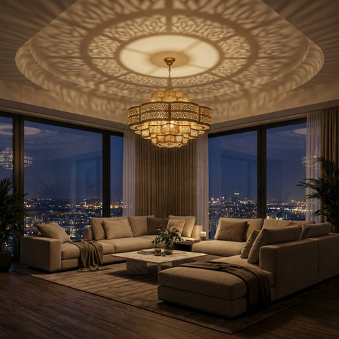 Authentic Handmade Moroccan Lamp – Custom Brass Chandelier with Intricate Filigree Design for Living Room Decor