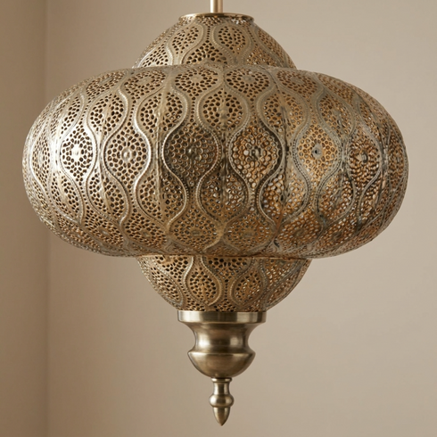 Authentic Handmade Moroccan Lamp – Oxidized Brass Pendant Light with Intricate Filigree Design for Living Room Decor