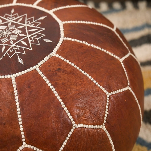 Handmade Moroccan Pouf - Brown Genuine Leather - Boho Chic Floor Seat - Hand-Stitched Embroidery