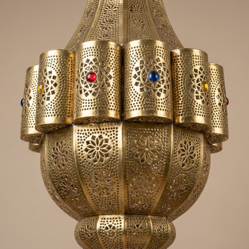 Filigree Moroccan Chandelier – Brass Openwork Lamp Living Room