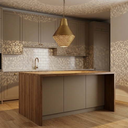 Handmade Moroccan Brass Lamp – Gold Pendant Light with Geometric Filigree Design for Kitchen Island Lighting