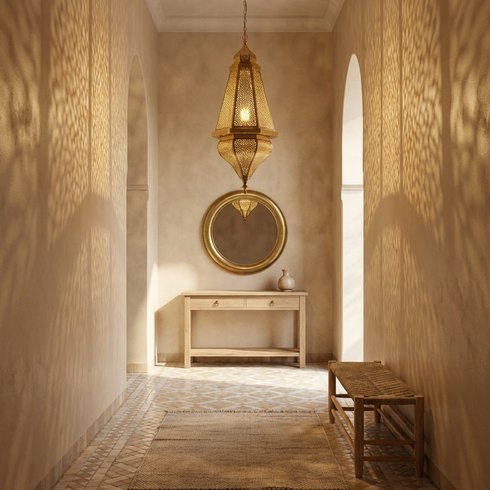 Authentic Moroccan Hanging Lamp - Gold Hand-Hammered Brass - Entryway Lantern