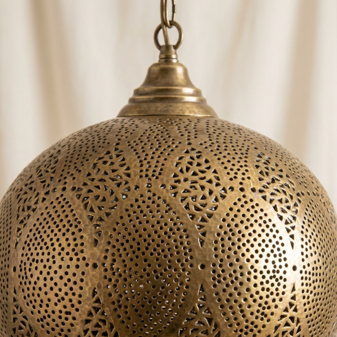 Authentic Moroccan Hanging Lamp – Hand-Hammered Brass Globe Pendant Light for Boho Bedroom Mood Lighting