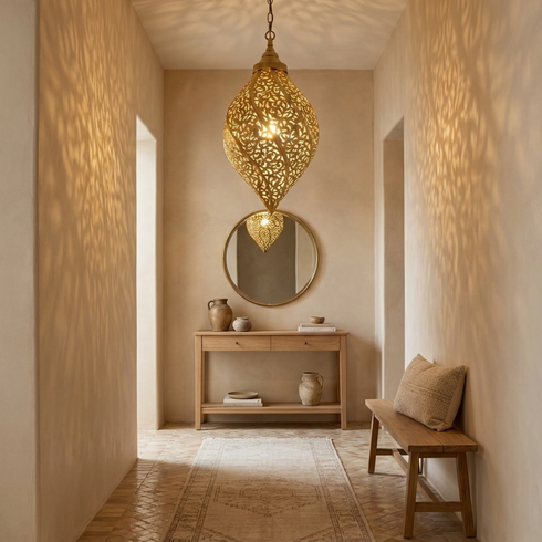 Authentic Handmade Moroccan Lamp – Gold Brass Teardrop Pendant with Intricate Shadow Casting Boho Design