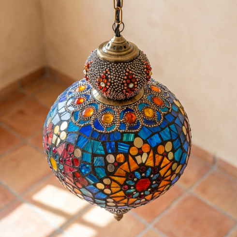Authentic Handmade Moroccan Lamp – Solid Brass Mosaic Globe Pendant Light for Cozy Boho Bedroom Decor