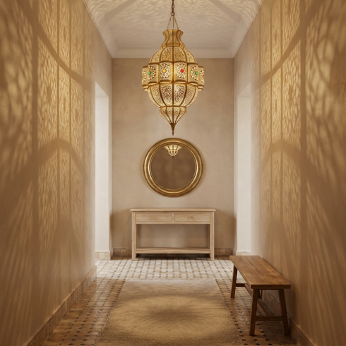 Handmade Moroccan Pendant Lamp – Gold Brass Statement Light with Filigree Pattern for Living Room Decor
