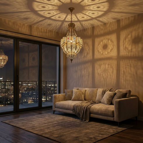 Filigree Moroccan Chandelier – Brass Openwork Lamp Living Room