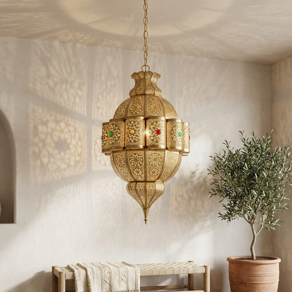 Moroccan Pendant Light – Brass Jeweled Floral