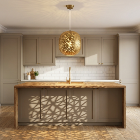 Moroccan Globe Pendant Lamp – Gold Brass Hanging Light for Kitchen Island & Boho Interiors