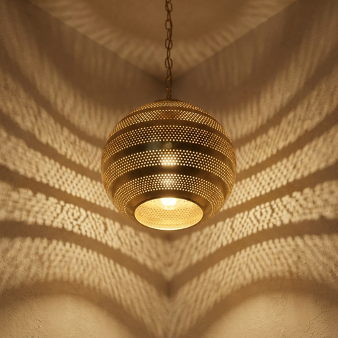 Authentic Moroccan Brass Globe Pendant Light – Hand-Hammered Gold Finish for Bedroom Mood Lighting