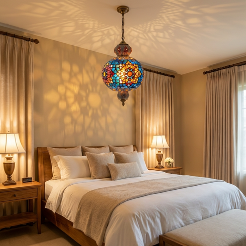 Authentic Handmade Moroccan Lamp – Solid Brass Mosaic Globe Pendant Light for Cozy Boho Bedroom Decor