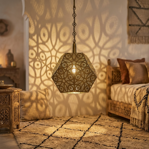 Authentic Moroccan Lamp – Gold Brass Pendant Light with Geometric Openwork Pattern for Bedroom Mood Lighting