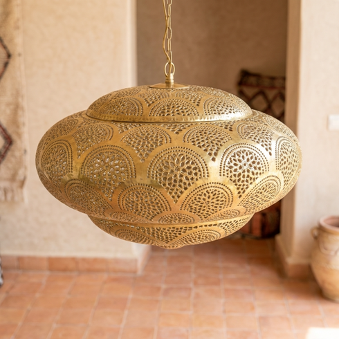Authentic Handmade Moroccan Lamp – Gold Brass Pendant Light with Intricate Perforated Shadow Casting for Living Room Decor