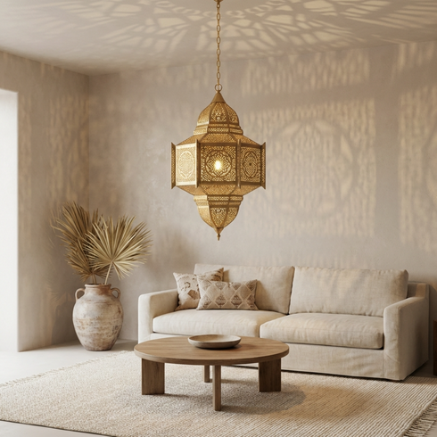 Handmade Moroccan Lamp - Gold Brass Pendant - Living Room Statement Lamp
