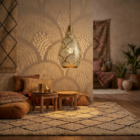 Authentic Handmade Moroccan Lamp – Gold Brass Teardrop Pendant Light with Boho Shadow Casting Design