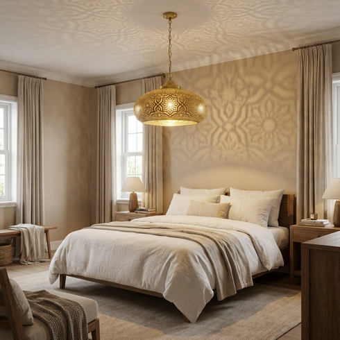 Authentic Moroccan Hanging Lamp - Gold Brass Pendant - Boho Bedroom Mood Lighting