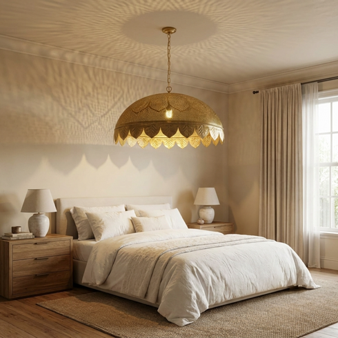 Authentic Handmade Moroccan Lamp – Gold Brass Pendant Light with Oversized Scalloped Dome for Living Room Decor