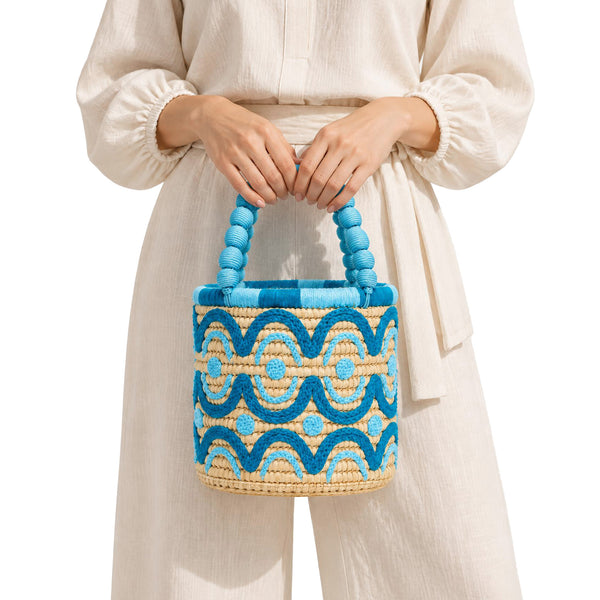 Moroccan Raffia Bucket Bag – Handmade Blue Embroidered Straw Bag