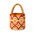 Handmade raffia bucket bag with wooden bead handle and orange-red embroidery, made in Morocco