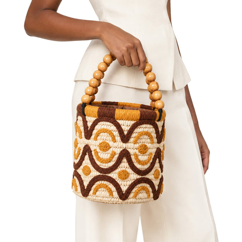 Raffia Brown Bucket Bag with Wooden Bead Handle