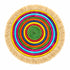Rainbow concentric woven raffia placemat with natural fringe border, top view on white background