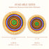 Rainbow woven raffia placemats size guide: Large 30 cm and Small 23 cm diameter, handmade in Morocco