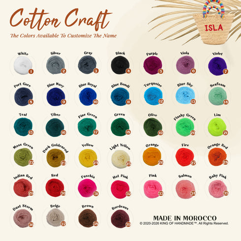 Cotton Craft color chart with 39 thread colors to personalize the name on a rainbow baby straw bag, handmade in Morocco