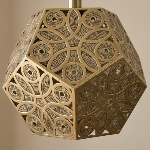 Authentic Moroccan Lamp – Gold Brass Pendant Light with Geometric Openwork Pattern for Bedroom Mood Lighting