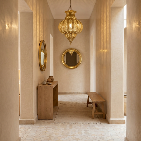 Handmade Moroccan Lamp - Gold Brass Pendant - Boho Entryway Lantern