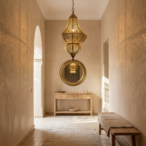 Authentic Handmade Moroccan Lamp – Gold Brass Pendant Light with Intricate Filigree Shadow Casting for Living Room Decor