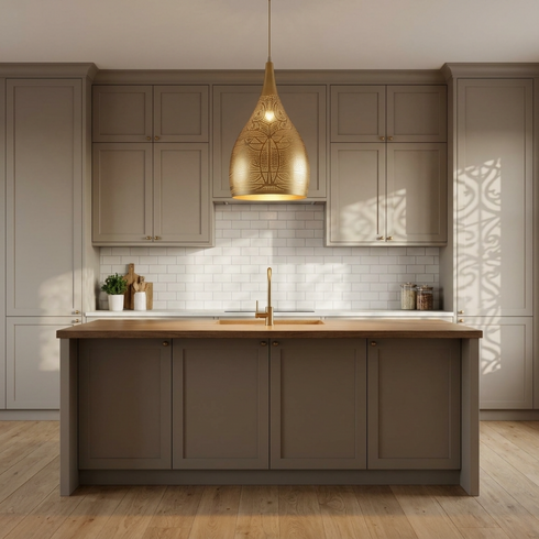Gold Brass Teardrop Pendant Light – Decorative Shadow Casting Lamp for Kitchen Island Lighting