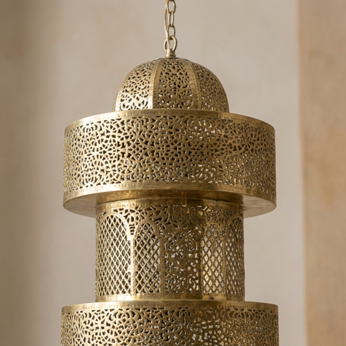 Authentic Handmade Moroccan Lamp – Gold Brass Multi-Tiered Pendant Light with Intricate Filigree Design for Living Room Decor