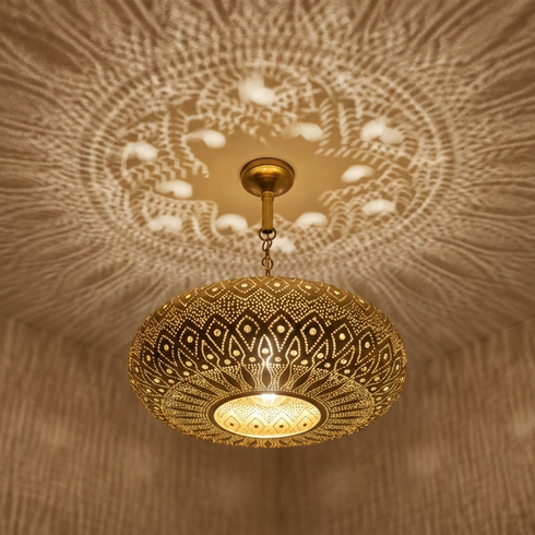 Authentic Handmade Moroccan Lamp – Gold Brass Pendant Chandelier with Intricate Filigree Shadow Casting for Dining Room Decor