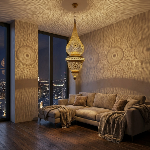 Handmade Moroccan Lamp - Gold Brass Pendant - Living Room Lamp