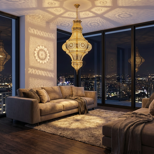 Moroccan Ceiling Light – Filigree Brass Openwork Lamp