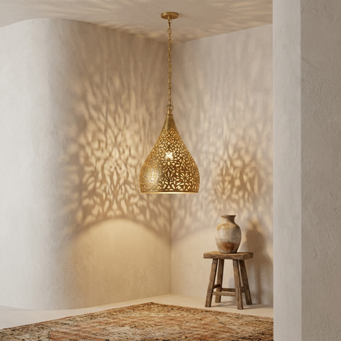 Authentic Handmade Moroccan Lamp – Oxidized Brass Teardrop Pendant Light with Intricate Filigree Shadows