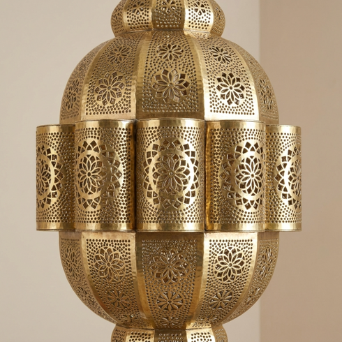 Filigree Moroccan Chandelier – Brass Openwork Lamp Statement Light