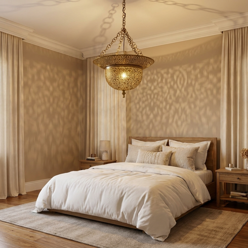 Authentic Moroccan Hanging Lamp – Oxidized Brass Pendant Light with Intricate Filigree Detail for Bedroom Mood Lighting