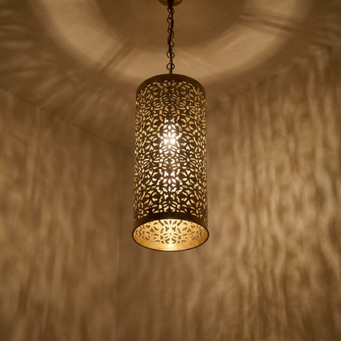 Authentic Handmade Moroccan Lamp – Oxidized Brass Pendant Light with Intricate Filigree Shadow Casting for Boho Hallway Decor