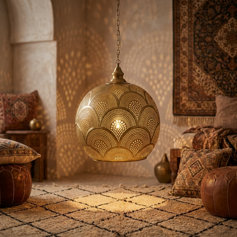 Handmade Moroccan Ceiling Light – Brass Geometric Openwork