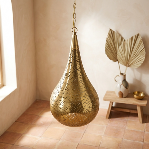 Handmade Moroccan Pendant Light – Brass Teardrop Openwork