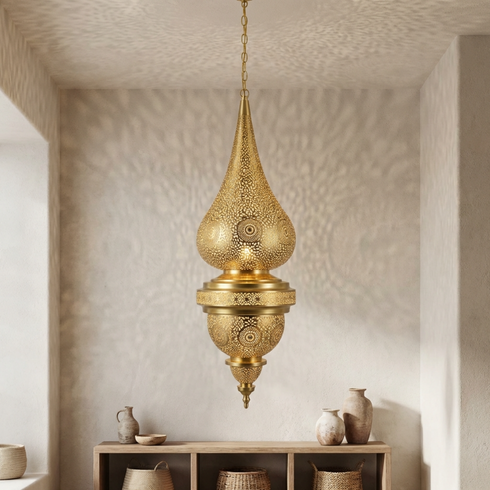 Handmade Moroccan Lamp - Gold Brass Pendant - Living Room Lamp
