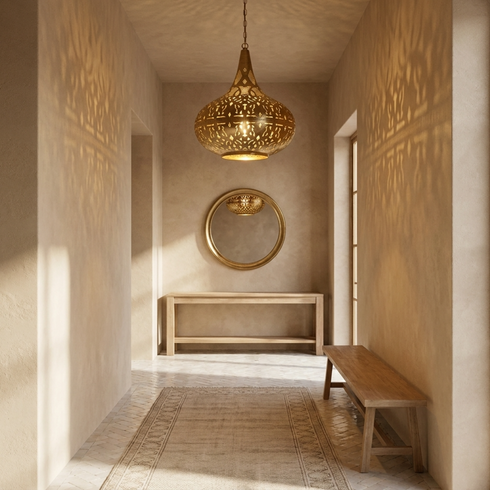Moroccan Chandelier – Brass Filigree Openwork Entryway