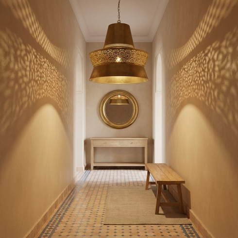 Filigree Moroccan Pendant Light – Brass Openwork Lamp Shadow-Casting