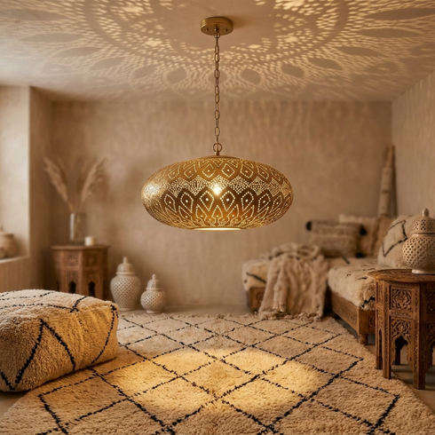 Authentic Handmade Moroccan Lamp – Gold Brass Globe Pendant Light with Intricate Shadow Casting Patterns
