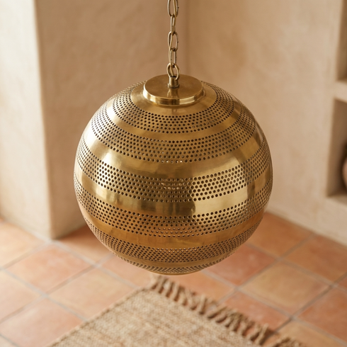 Authentic Moroccan Brass Globe Pendant Light – Hand-Hammered Gold Finish for Bedroom Mood Lighting