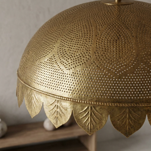 Authentic Handmade Moroccan Lamp – Gold Brass Pendant Light with Oversized Scalloped Dome for Living Room Decor