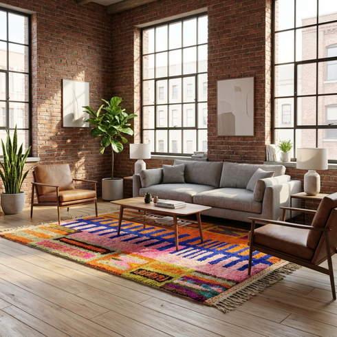 Vibrant Colorful Boujaad Rug - Bohemian Geometric Living Room Decor