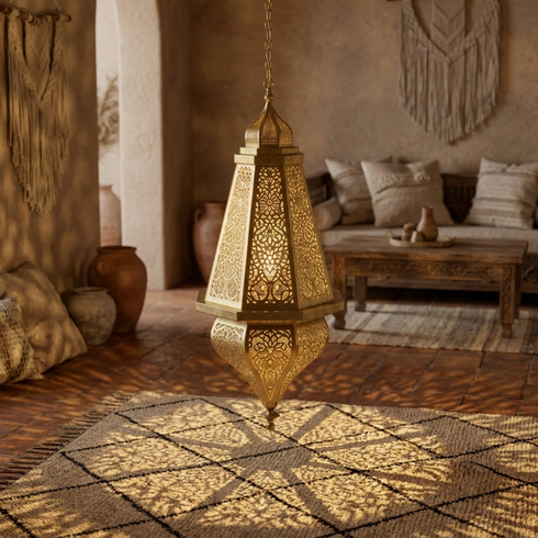 Moroccan Lantern – Floral Geometric Brass Lamp